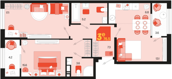 евро 3 к.кв. №670 76,4 м2 от застройщика ГК ТОЧНО