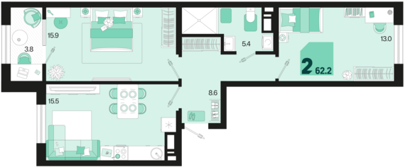 2-комнатная квартира №691 62,2 м2 от застройщика ГК ТОЧНО