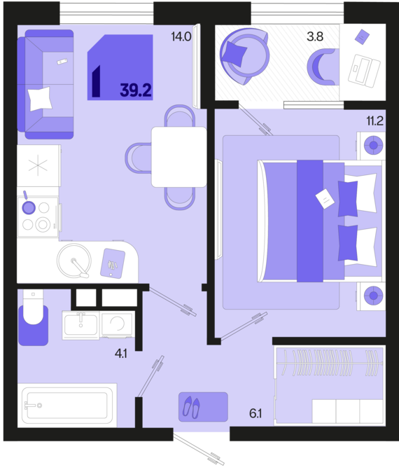 1-комнатная квартира №682 39,2 м2 от застройщика ГК ТОЧНО