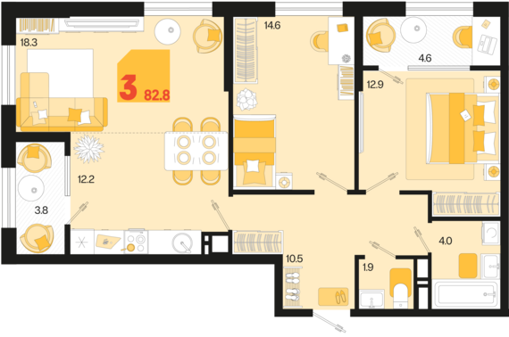 3-комнатная квартира №679 82,8 м2 от застройщика ГК ТОЧНО
