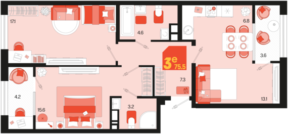 евро 3 к.кв. №690 75,4 м2 от застройщика ГК ТОЧНО