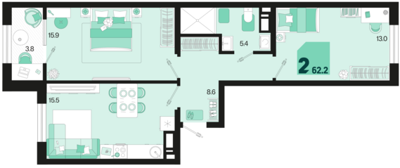 2-комнатная квартира №701 62,2 м2 от застройщика ГК ТОЧНО