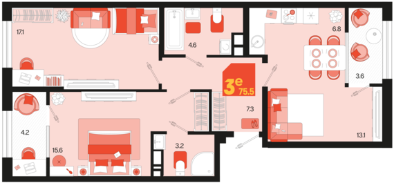 евро 3 к.кв. №704 75,4 м2 от застройщика ГК ТОЧНО