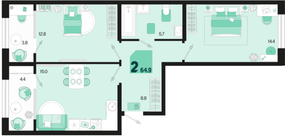 2-комнатная квартира №705 64,9 м2 от застройщика ГК ТОЧНО