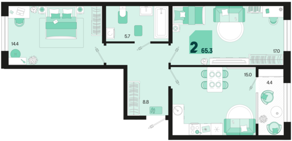2-комнатная квартира №708 65,3 м2 от застройщика ГК ТОЧНО