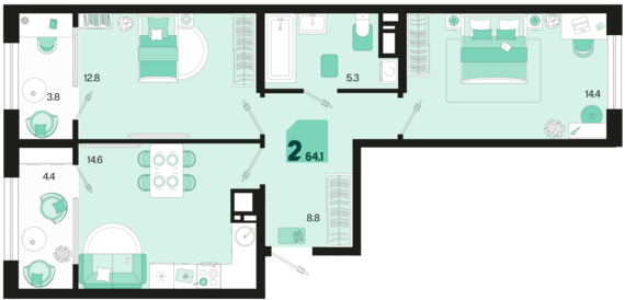 2-комнатная квартира №709 64,1 м2 от застройщика ГК ТОЧНО