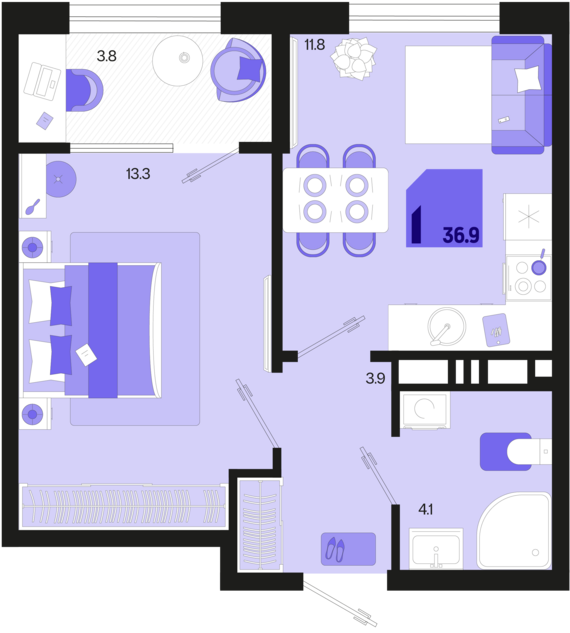 1-комнатная квартира №730 36,9 м2 от застройщика ГК ТОЧНО