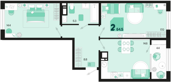 2-комнатная квартира №728 64,5 м2 от застройщика ГК ТОЧНО
