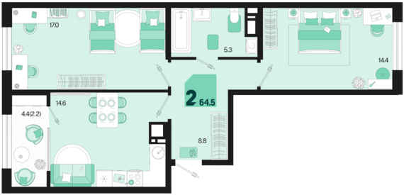 2-комнатная квартира №733 64,5 м2 от застройщика ГК ТОЧНО