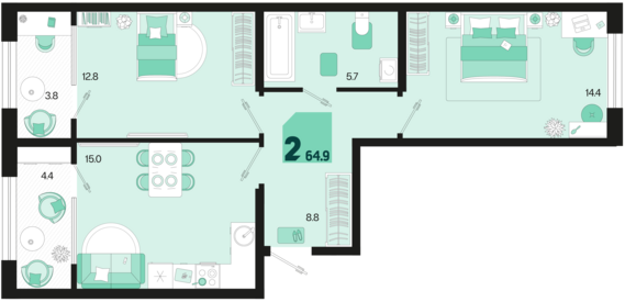 2-комнатная квартира №736 64,9 м2 от застройщика ГК ТОЧНО