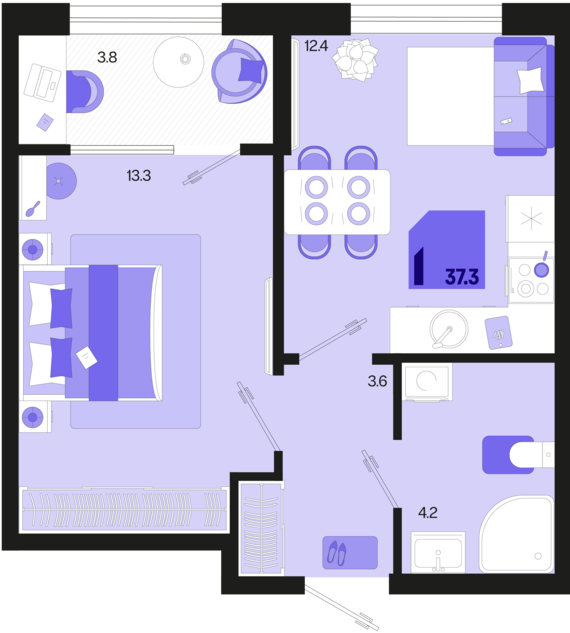 1-комнатная квартира №737 37,3 м2 от застройщика ГК ТОЧНО