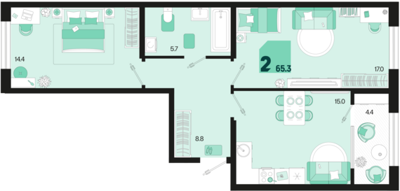 2-комнатная квартира №739 65,3 м2 от застройщика ГК ТОЧНО
