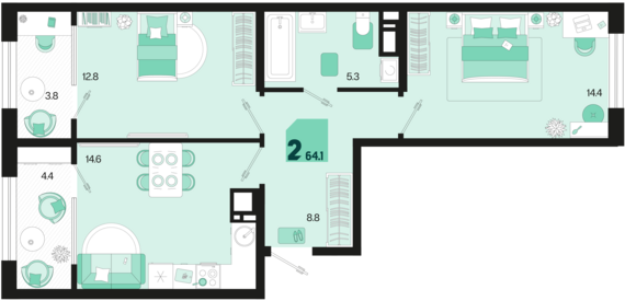 2-комнатная квартира №744 64,1 м2 от застройщика ГК ТОЧНО