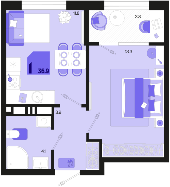 1-комнатная квартира №762 36,9 м2 от застройщика ГК ТОЧНО