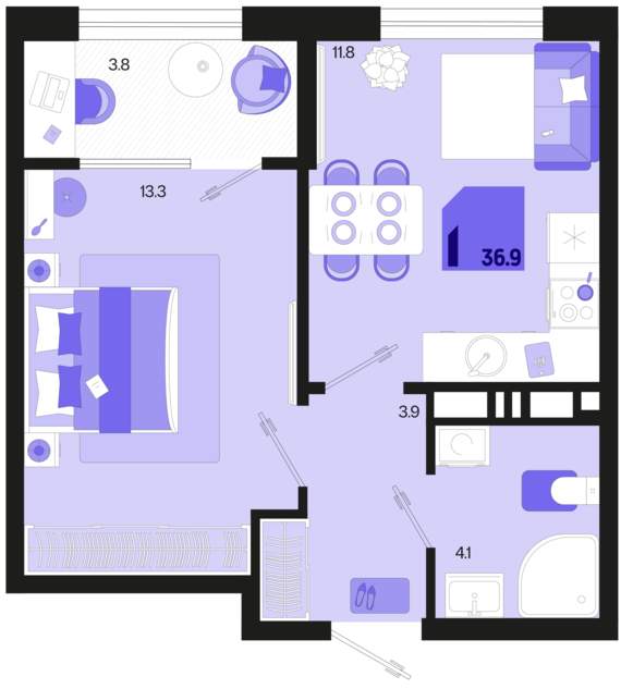 1-комнатная квартира №765 36,9 м2 от застройщика ГК ТОЧНО