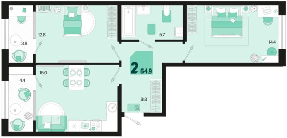 2-комнатная квартира №251 64,9 м2 от застройщика ГК ТОЧНО