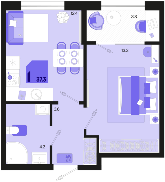 1-комнатная квартира №253 37,3 м2 от застройщика ГК ТОЧНО