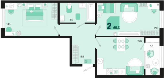 2-комнатная квартира №254 65,3 м2 от застройщика ГК ТОЧНО