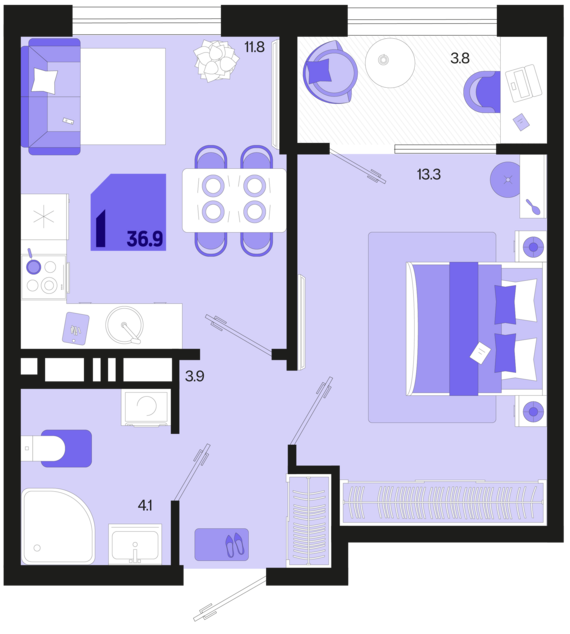 1-комнатная квартира №257 36,9 м2 от застройщика ГК ТОЧНО