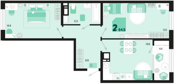 2-комнатная квартира №274 64,5 м2 от застройщика ГК ТОЧНО