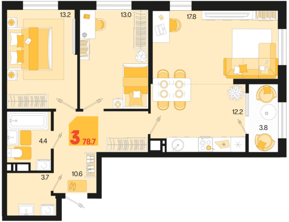 3-комнатная квартира №29 78,7 м2 от застройщика ГК ТОЧНО