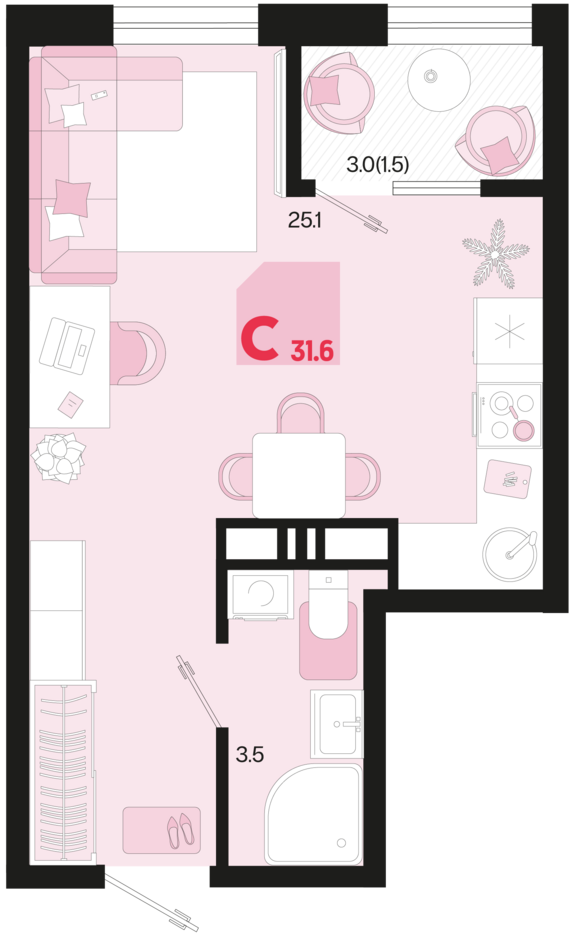 Студия №111 31,6 м2 от застройщика ГК ТОЧНО