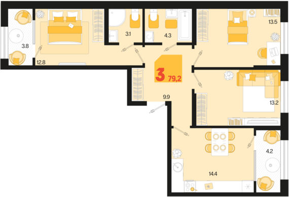 3-комнатная квартира №5 79,2 м2 от застройщика ГК ТОЧНО