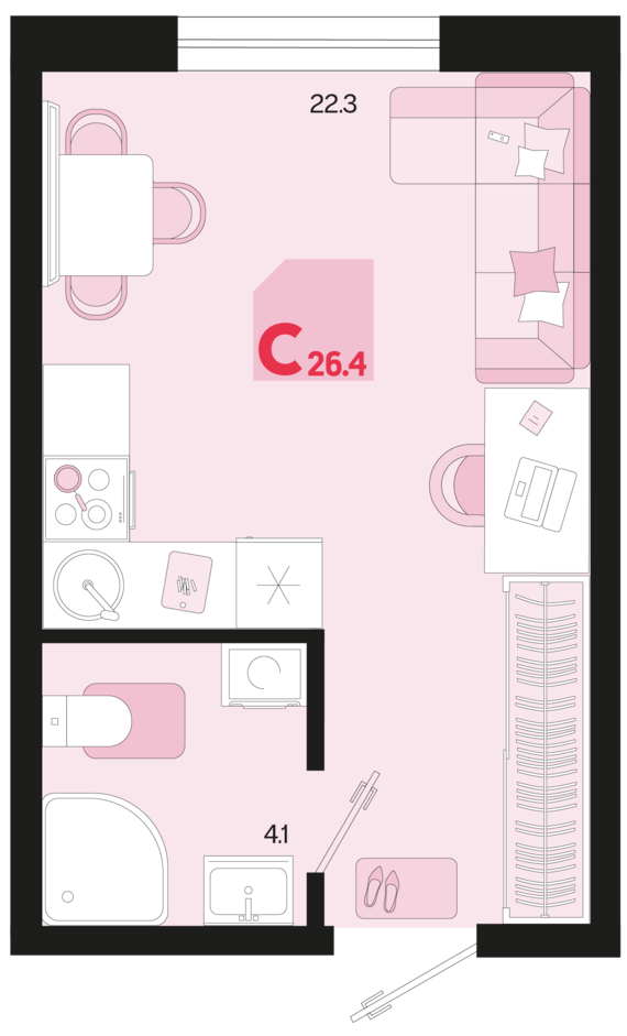 Студия №45 26,4 м2 от застройщика ГК ТОЧНО