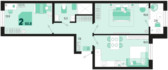 2-комнатная квартира №47 62,7 м2 от застройщика ГК ТОЧНО