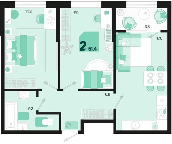 2-комнатная квартира №95 61,4 м2 от застройщика ГК ТОЧНО