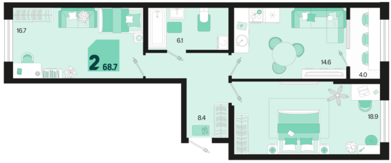 2-комнатная квартира №96 68,7 м2 от застройщика ГК ТОЧНО