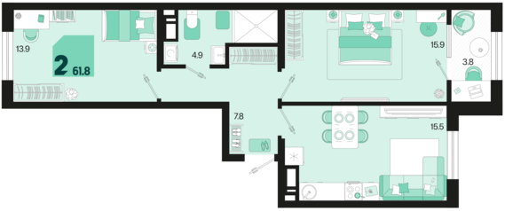 2-комнатная квартира №89 61,8 м2 от застройщика ГК ТОЧНО