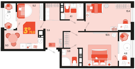 евро 3 к.кв. №90 79,8 м2 от застройщика ГК ТОЧНО