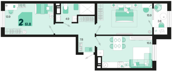 2-комнатная квартира №94 61,8 м2 от застройщика ГК ТОЧНО