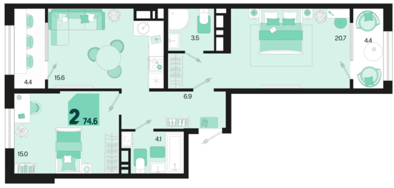 2-комнатная квартира №443 74,6 м2 от застройщика ГК ТОЧНО