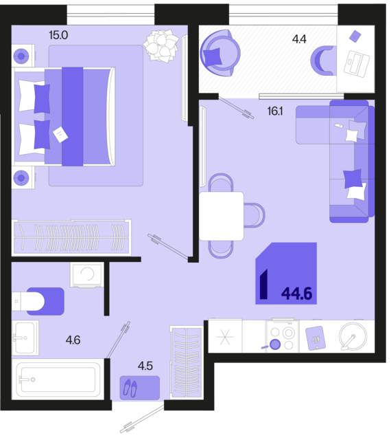 1-комнатная квартира №363 44,6 м2 от застройщика ГК ТОЧНО