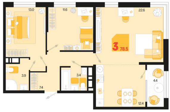 3-комнатная квартира №386 78,5 м2 от застройщика ГК ТОЧНО