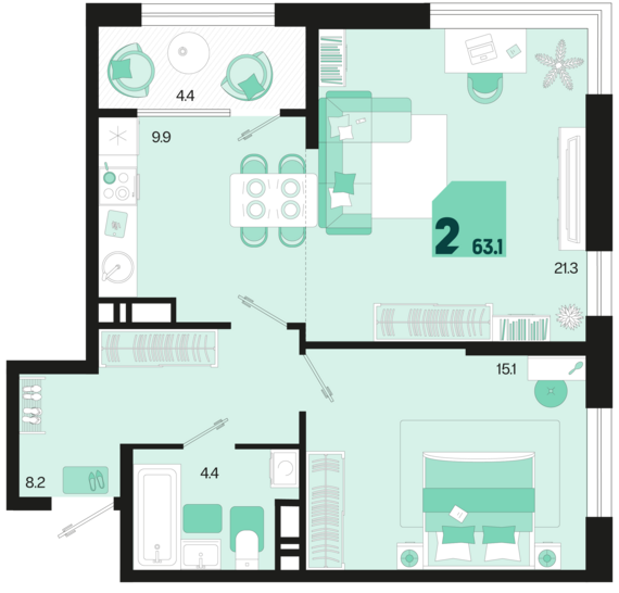 2-комнатная квартира №407 63,1 м2 от застройщика ГК ТОЧНО