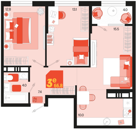 евро 3 к.кв. №357 66,8 м2 от застройщика ГК ТОЧНО