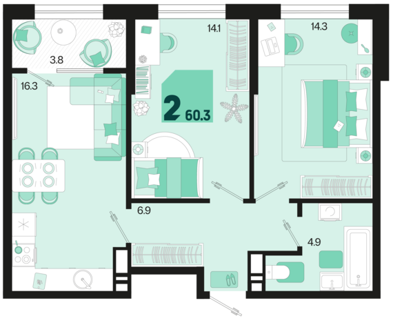 2-комнатная квартира №362 60,3 м2 от застройщика ГК ТОЧНО