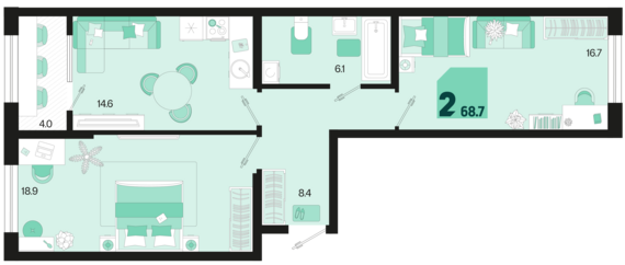 2-комнатная квартира №235 68,7 м2 от застройщика ГК ТОЧНО