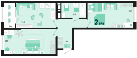 2-комнатная квартира №267 67,8 м2 от застройщика ГК ТОЧНО