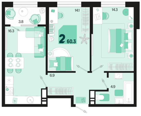 2-комнатная квартира №300 60,3 м2 от застройщика ГК ТОЧНО