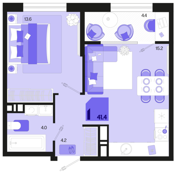 1-комнатная квартира №226 41,4 м2 от застройщика ГК ТОЧНО