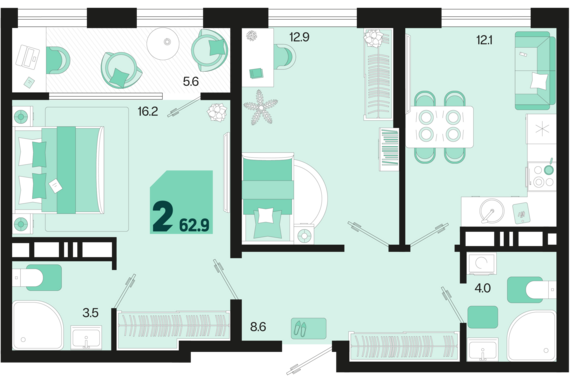 2-комнатная квартира №227 62,9 м2 от застройщика ГК ТОЧНО