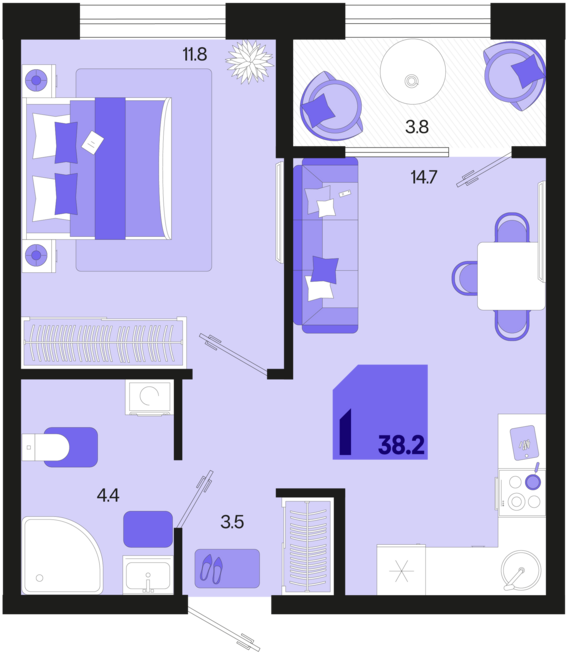 1-комнатная квартира №3 38,2 м2 от застройщика ГК ТОЧНО