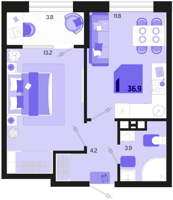 1-комнатная квартира №37 36,9 м2 от застройщика ГК ТОЧНО