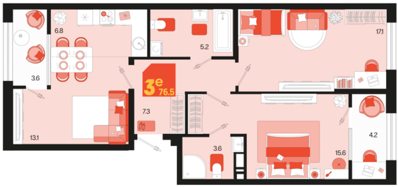 евро 3 к.кв. №41 76,5 м2 от застройщика ГК ТОЧНО