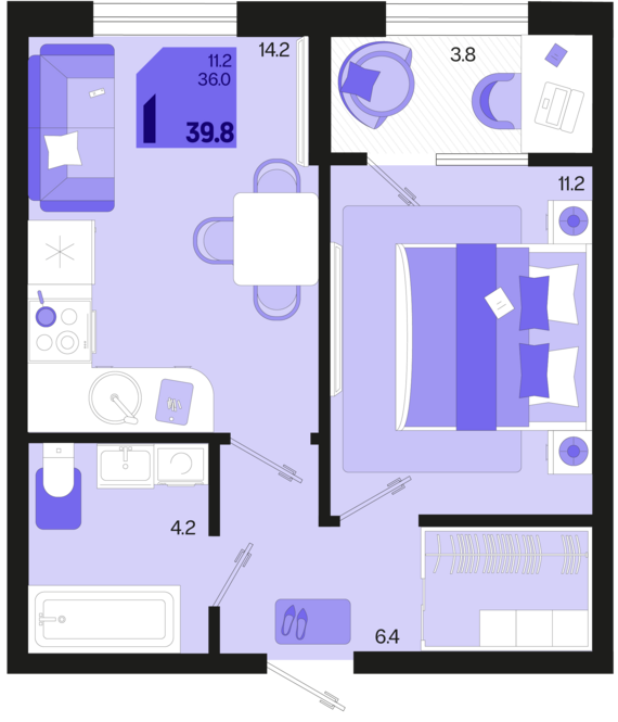 1-комнатная квартира №43 39,8 м2 от застройщика ГК ТОЧНО