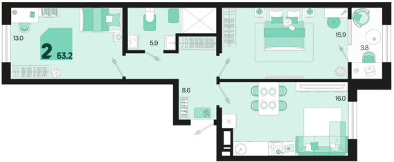 2-комнатная квартира №45 63,2 м2 от застройщика ГК ТОЧНО